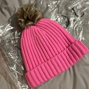 BNWT JCrew 100% wool beanie with pompom. Pink with light brown. So soft.